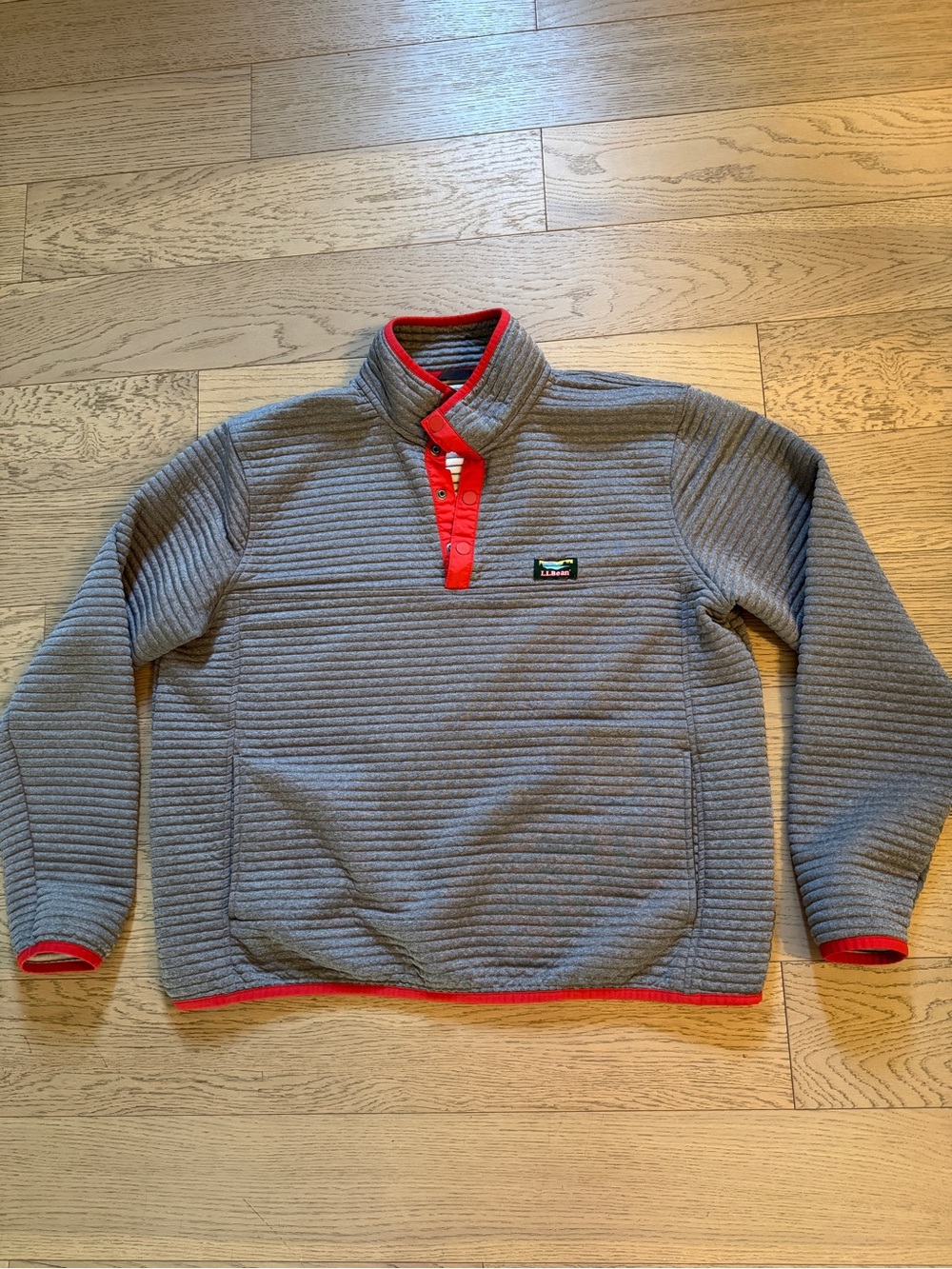 L.L. Bean Men’s Gray Ribbed Fleece Zip-Up with Red Trim